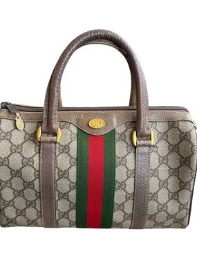 Gucci Brown GG Canvas Top-Handle Bag with Green-Red Web Stripe